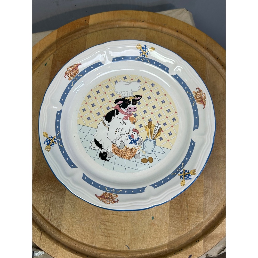 Newcor Dinner Plates Set of 4 White Blue Kitchen Kow Chef Cow Vintage 1994